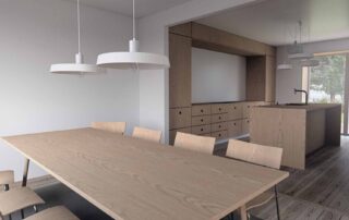 Visualisering af moderne køkken-alrum med spiseplads i forbindelse med ombygning af enfamiliehus på Holme Byvej i Højbjerg. Designet kombinerer naturlige materialer, integreret opbevaring og adgang til haven gennem store glaspartier.