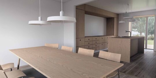 Visualisering af moderne køkken-alrum med spiseplads i forbindelse med ombygning af enfamiliehus på Holme Byvej i Højbjerg. Designet kombinerer naturlige materialer, integreret opbevaring og adgang til haven gennem store glaspartier.