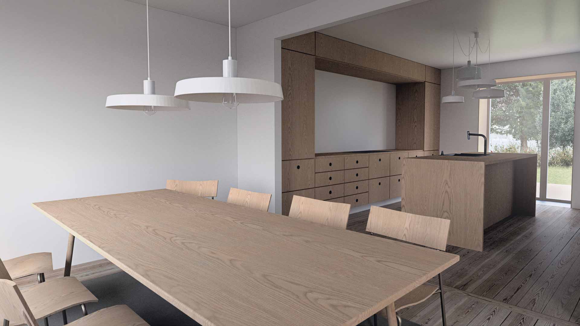 Visualisering af moderne køkken-alrum med spiseplads i forbindelse med ombygning af enfamiliehus på Holme Byvej i Højbjerg. Designet kombinerer naturlige materialer, integreret opbevaring og adgang til haven gennem store glaspartier.