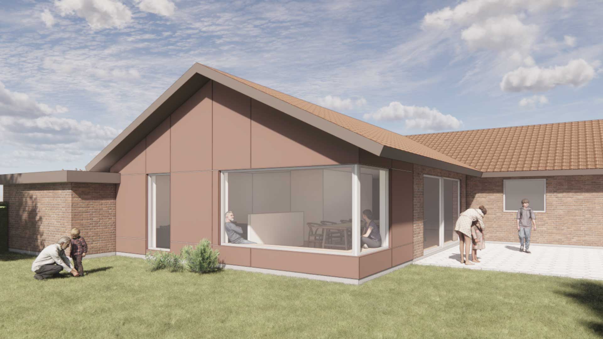 Visualisering af arkitekttegnet tilbygning med rød pladebeklædning, brun stern og rødt tegltag – boligprojekt på Ringvænget i Hedensted