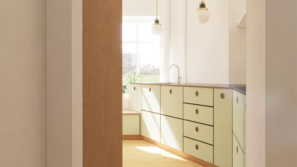 Visualisering af specialdesignet køkken i grønmalet birkekrydsfiner set fra gangen, med fokus på funktionel indretning og naturligt lys i lejlighed på Reykjaviksgade, København S.