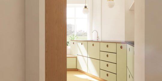 Visualisering af specialdesignet køkken i grønmalet birkekrydsfiner set fra gangen, med fokus på funktionel indretning og naturligt lys i lejlighed på Reykjaviksgade, København S.