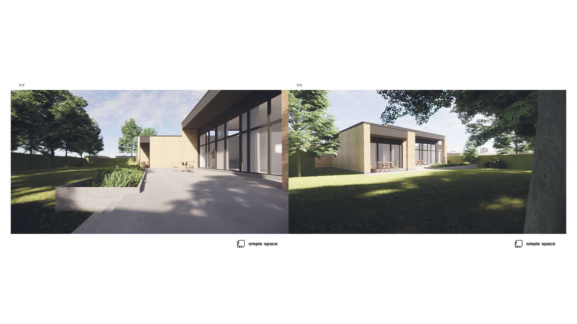 Visualisering af funkisinspireret enfamiliehus med store glaspartier og sydvendt terrasse, set fra baghaven på Haslegårdsvej i Aarhus