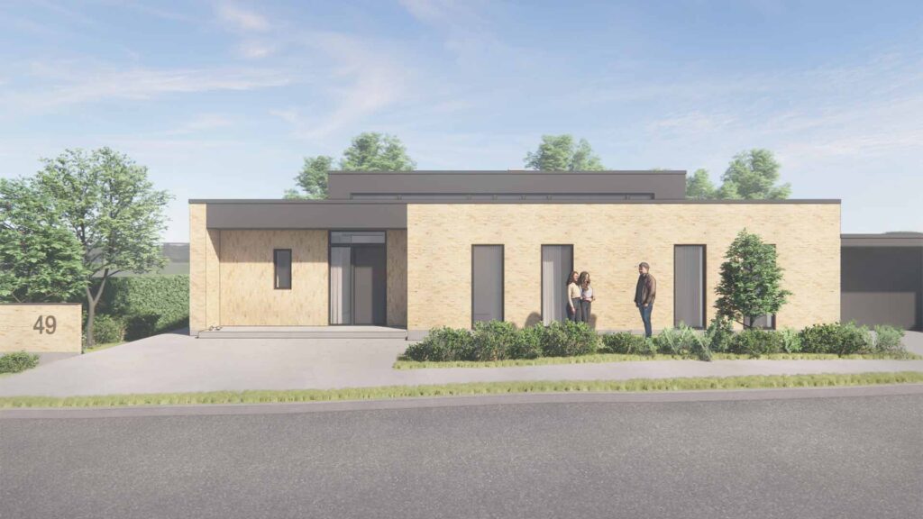 Visualisering af moderne funkisvilla på Haslegårdsvej set fra vejen med facade i lys tegl og fladt tag.
