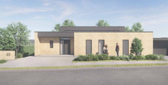 Visualisering af moderne funkisvilla på Haslegårdsvej set fra vejen med facade i lys tegl og fladt tag.