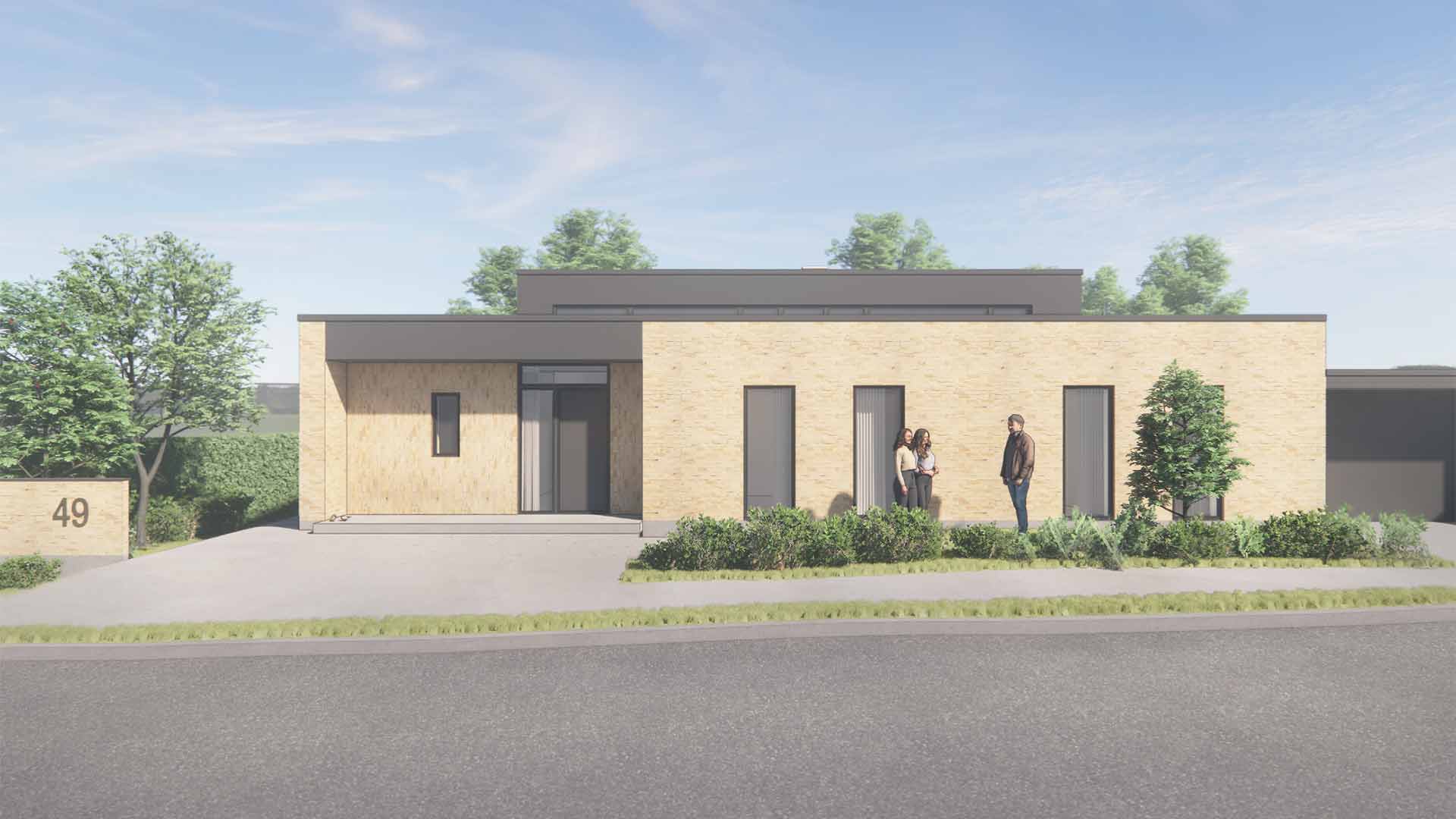 Visualisering af moderne funkisvilla på Haslegårdsvej set fra vejen med facade i lys tegl og fladt tag.