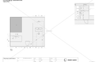 Plan for udvidelse af badeværelse med placering af toilet, vask, bruseniche og indbygningshylde. Målfast tegning med rumopdeling og inventarplacering.