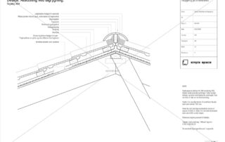 Detaljetegning af tagrygning med ventilationshætte, rygningssten, perforeret bånd og fastgørelse af tagkonstruktionens afslutning. Viser opbygning og materialer ved tagets top.