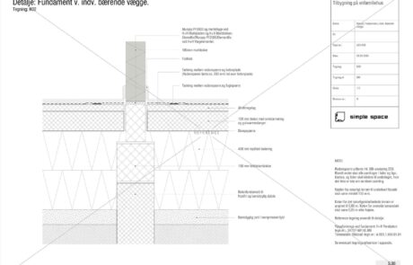 Detaljeret snittegning af fundament ved indvendig bærende væg. Viser opbygning med murblokke, radonsikring, isolering, terrændæk og betonsål, som teknisk grundlag for korrekt udførelse.