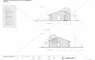 Facadetegning mod nord og syd af eksisterende enfamiliehus med tilbygning, herunder tagprofil med ensidig taghældning, placering af nye vinduer og døre samt højder og afstande i forhold til skel. Tegningen viser desuden beplantning og terrænkoter.