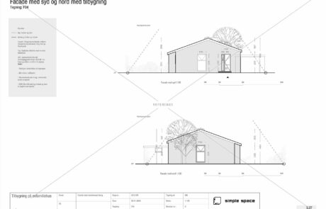 Facadetegning mod nord og syd af eksisterende enfamiliehus med tilbygning, herunder tagprofil med ensidig taghældning, placering af nye vinduer og døre samt højder og afstande i forhold til skel. Tegningen viser desuden beplantning og terrænkoter.