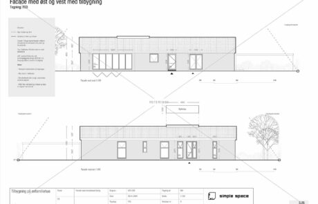 Facadetegning mod øst og vest af eksisterende enfamiliehus med ny tilbygning, herunder angivelse af vindues- og dørplacering, tagprofil og materialevalg som facadepuds og tagpap med listeprofil. Tegningen viser også placering af ovenlys og højder i forhold til skel.