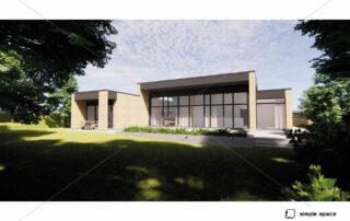 3D-visualisering af moderne enfamiliehus i gule tegl med store facadevinduer og integreret overdækket terrasse. Huset er placeret i en grøn have med træer og hævet plantebed i forgrunden.