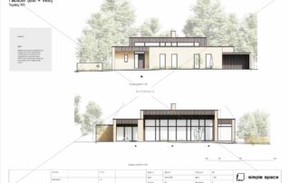 Farvelagt facadetegning af moderne enfamiliehus med fladt tag og store vinduespartier. Viser øst- og vestfacade med integreret carport og markante materialeskift i tegl og zink.