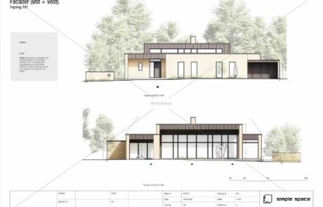 Farvelagt facadetegning af moderne enfamiliehus med fladt tag og store vinduespartier. Viser øst- og vestfacade med integreret carport og markante materialeskift i tegl og zink.