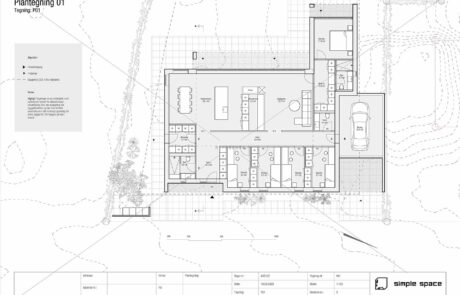 Plantegning af ny bolig med fire værelser, stort køkken/alrum og integreret garage. Planen viser funktionel rumfordeling, adgangsforhold og relation til udendørs opholdsarealer.