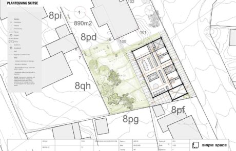 Skitseplan over enfamiliehus med indtegnet placering på matrikelkort. Planen viser bygningens orientering, adgangsforhold og sammenhæng med terræn og naboskel.