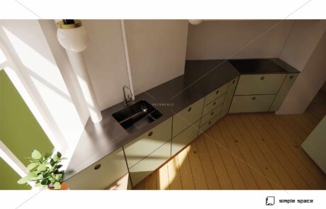 3D-visualisering af vinklet køkkenbord med grønne skuffefronter og mørk bordplade i stål, set fra oven i naturligt lysindfald fra stort hjørnevindue.