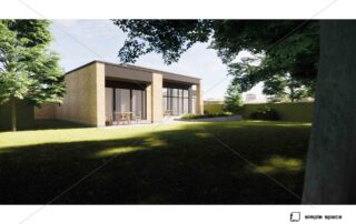 Udendørs 3D-visualisering af murstensbyggeri med store glaspartier og overdækket terrasse. Huset ligger i en grøn have med træer og beplantning, og arkitekturen fremstår enkel og moderne.