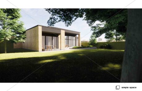 Udendørs 3D-visualisering af murstensbyggeri med store glaspartier og overdækket terrasse. Huset ligger i en grøn have med træer og beplantning, og arkitekturen fremstår enkel og moderne.